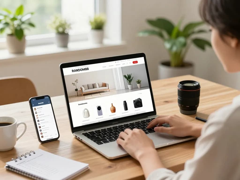 Shopper engaging with RANDOM88 website showcasing modern lifestyle products in a cozy setting.