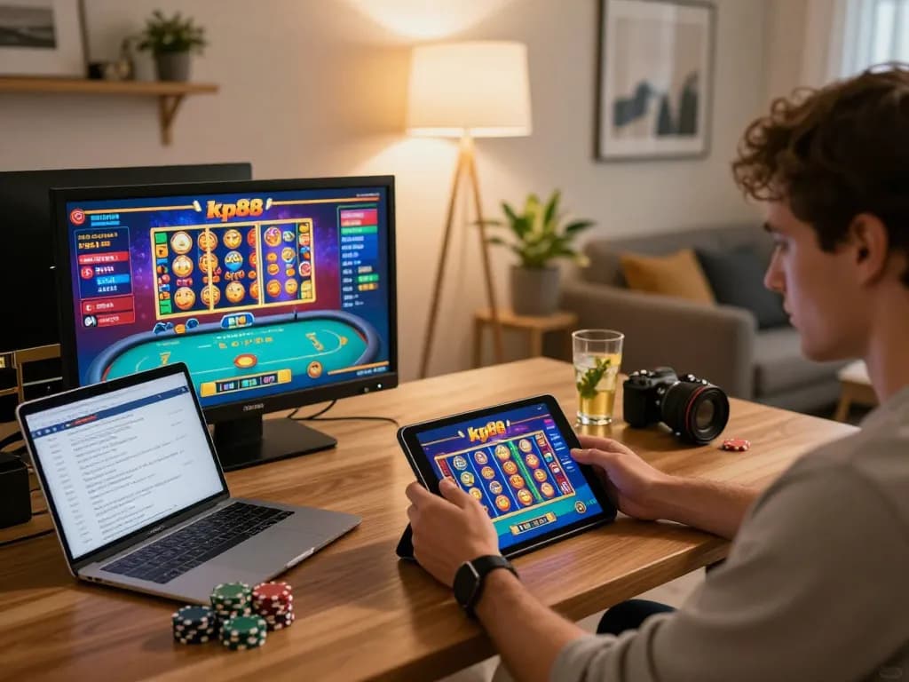 Engaged player enjoying kp88 online casino gameplay on tablet with colorful games displayed
