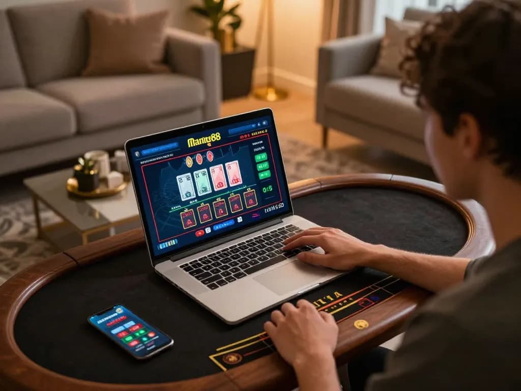 Engaging in live dealer casino games with mantra88 on a cozy online gaming setup, showcasing the excitement of online gambling