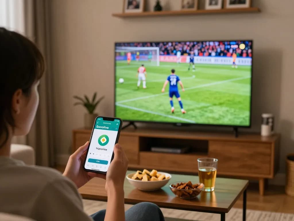 Engaging with Socolive trực tiếp app while watching a live soccer match on TV, cozy home atmosphere.