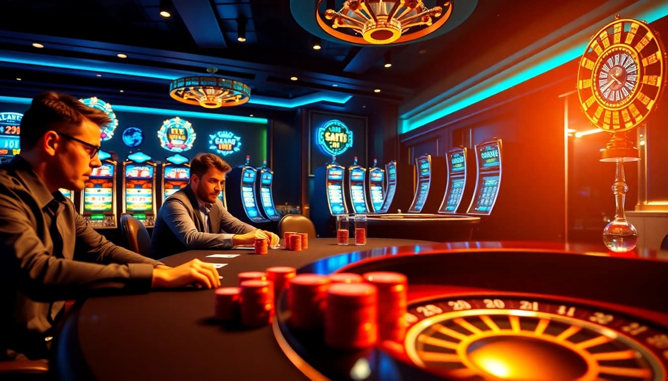 Exciting casino gaming atmosphere featuring players at a poker table and viral4d display.