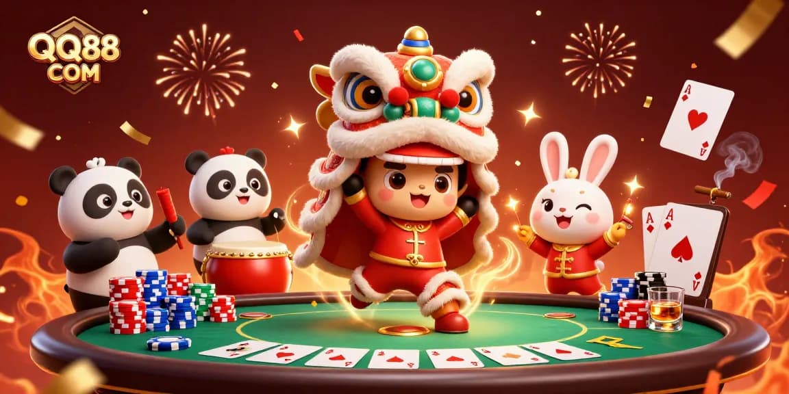Experience the excitement of QQ88 COM with a vibrant 3D lion dance and poker scene full of energy.