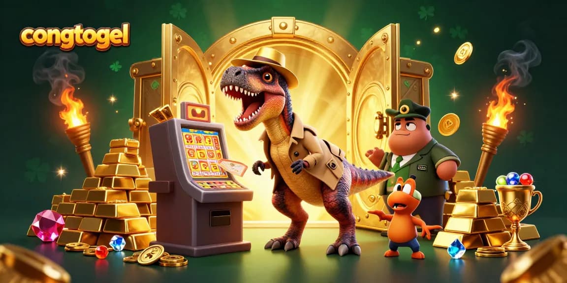 CongTogel lottery scene featuring a velociraptor counter, stegosaurus pit boss, and compy pickpocket amid gold treasures.