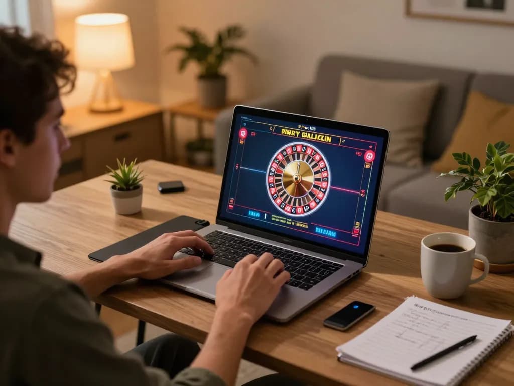 Player enjoying online gambling experience at home with MMOO COM roulette game displayed on laptop