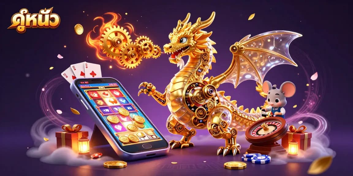 Experience exciting ดูหนัง moments with a golden dragon and slot game elements in a dynamic 3D scene.