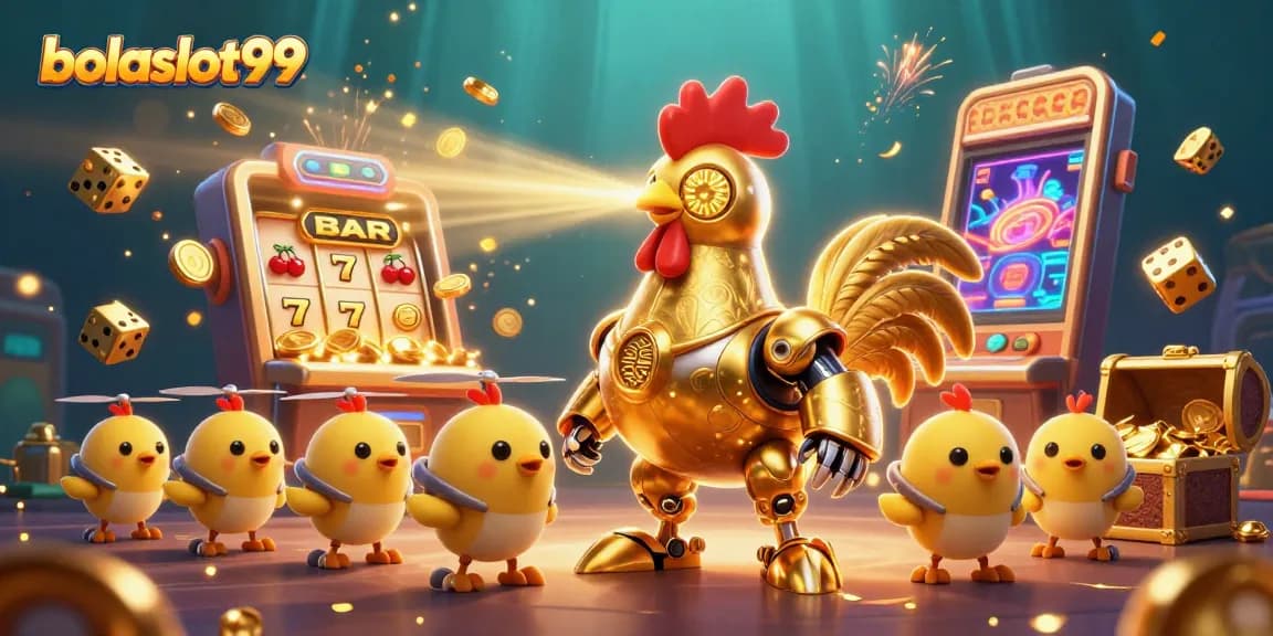 Experience the thrill of bolaslot99 with a golden rooster robot amidst bursting jackpots and vibrant casino elements.