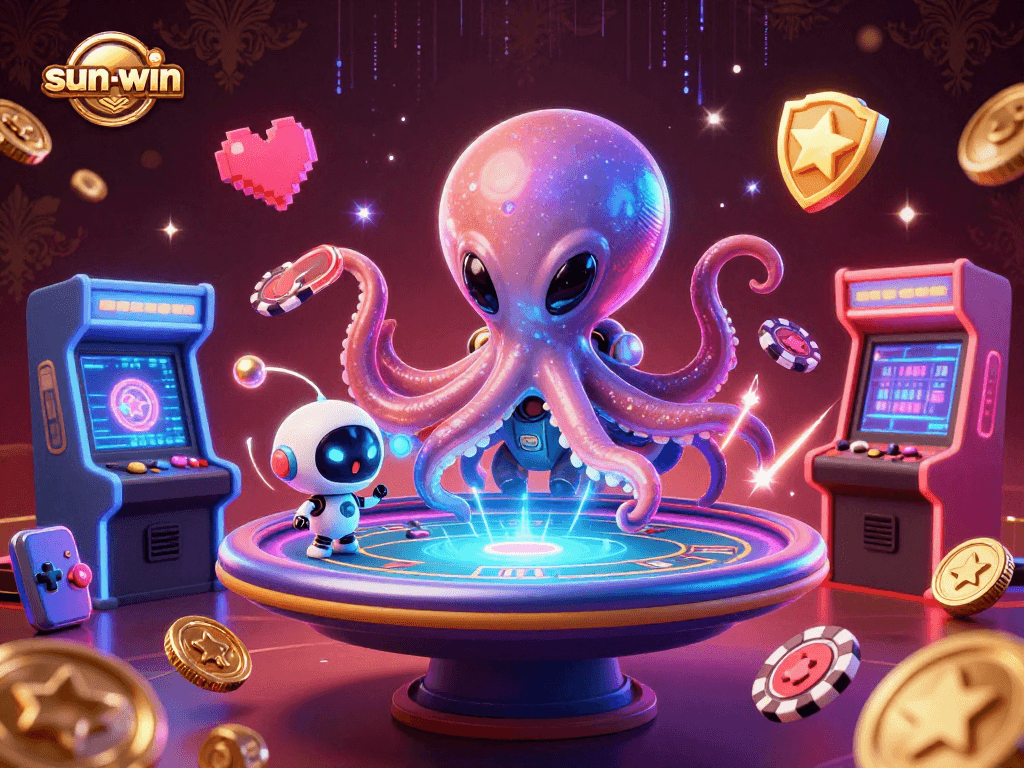 Engage in exciting poker games at sun-win with a vibrant alien octopus and thrilling cartoon characters.