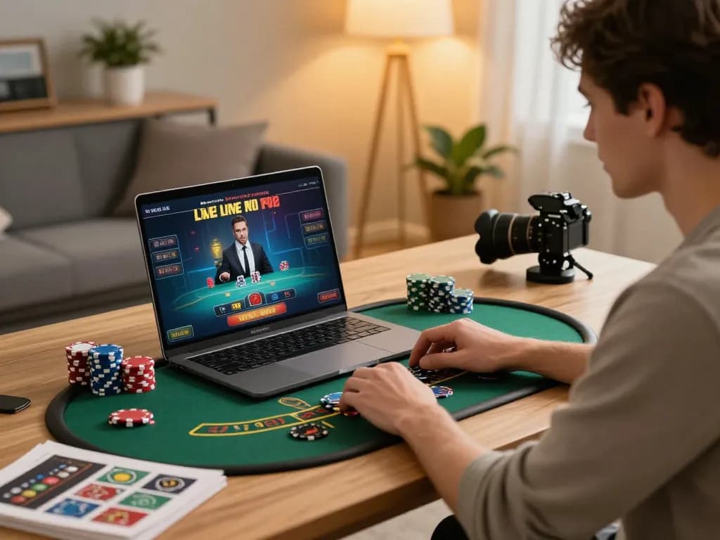 Engaged go8 player strategizing during live dealer game at home, laptop screen visible.