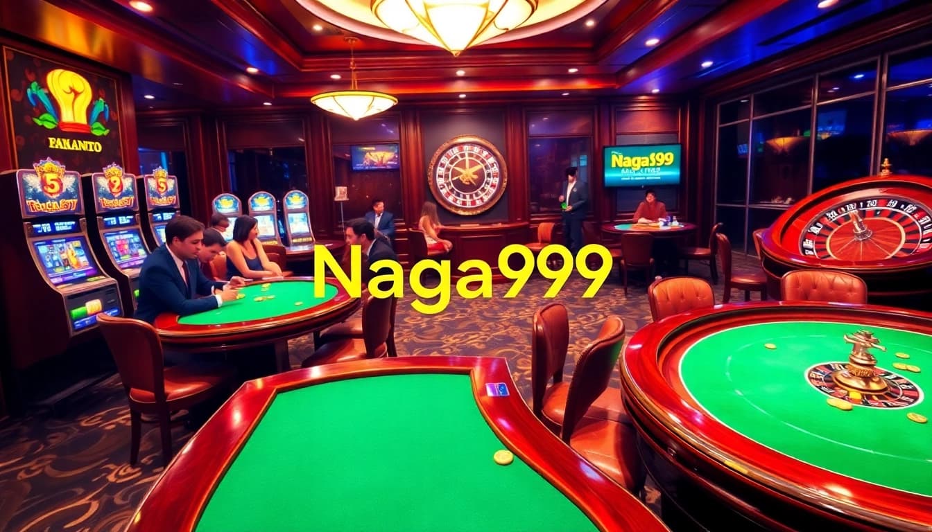 Naga99 players enjoying a luxury casino experience with poker games and slot machines.