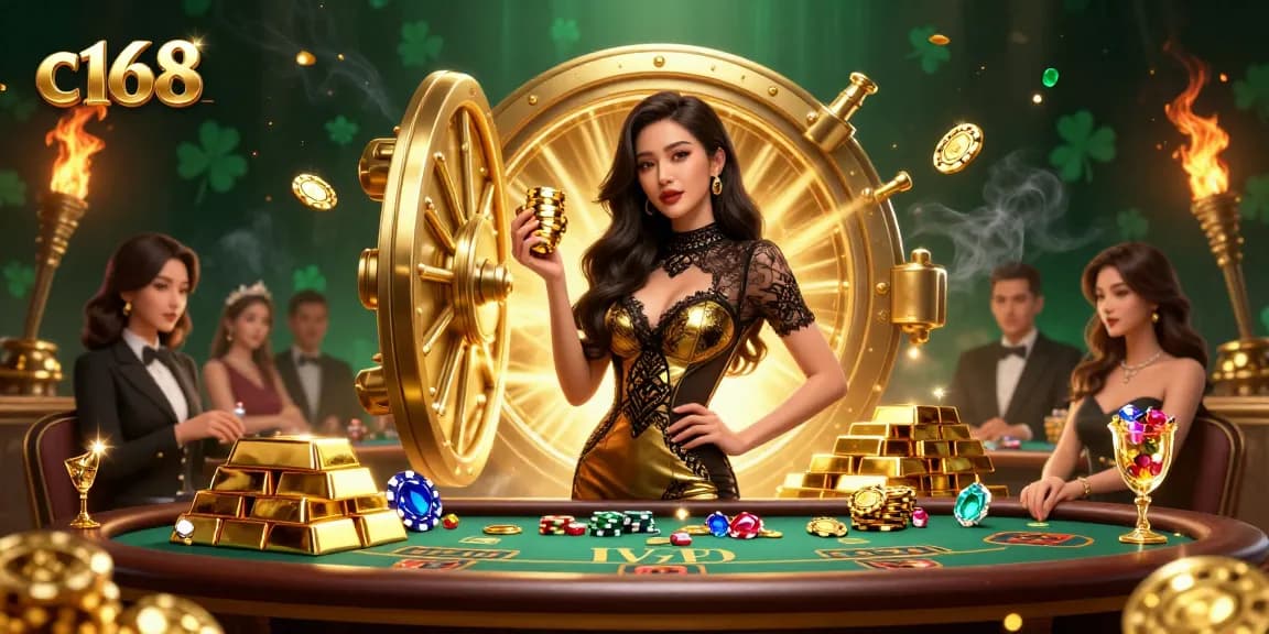 Win big at C168 with stunning golden casino chips and high-stakes baccarat action.
