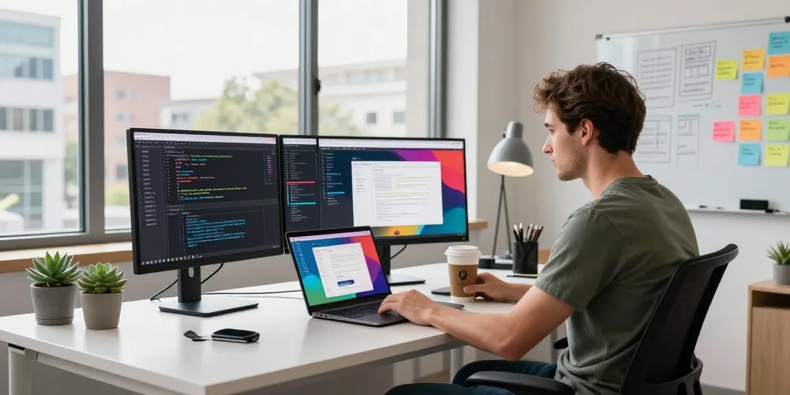 website developer near me coding at a modern tech office workspace with multiple monitors and vibrant design elements