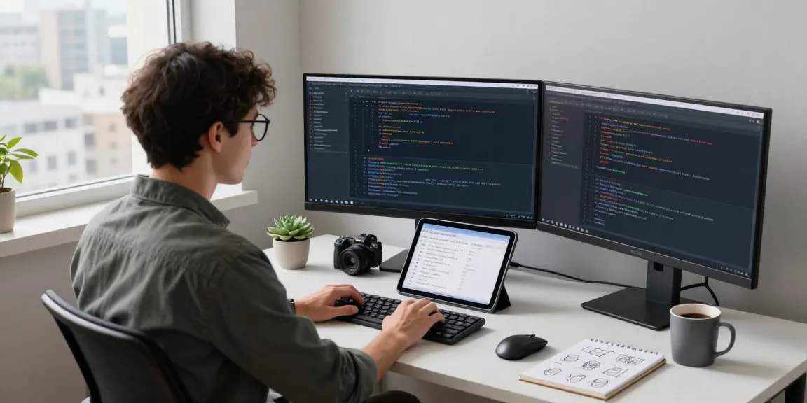 Developer coding with multiple screens showcasing link slots in a modern tech workspace