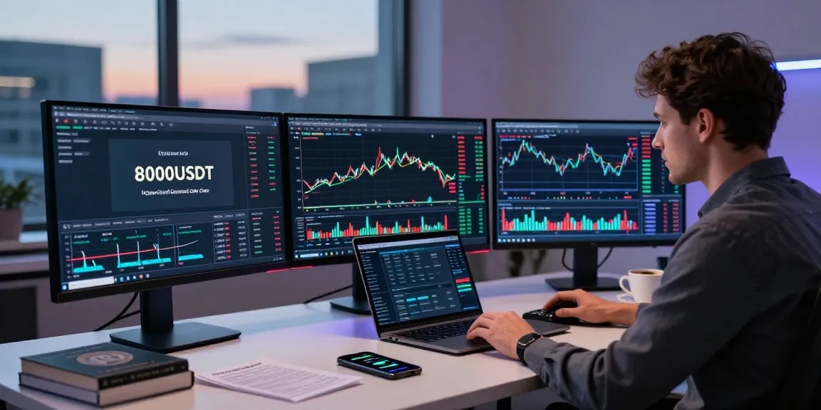 Professional trader analyzing charts with hyperliquid referral code is (8000USDT) in a modern office.