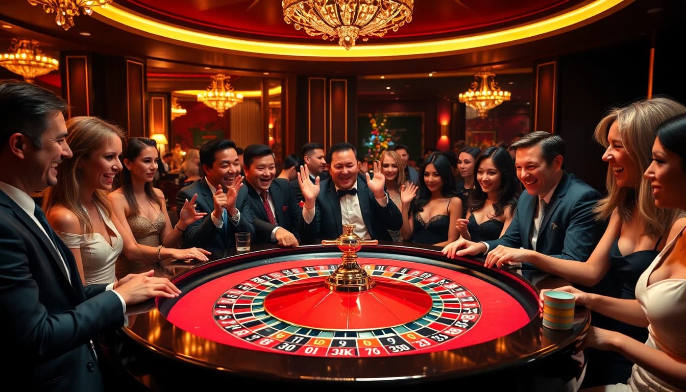 Permainan di mildcasino dengan suasana meriah di meja roulette yang menawan.