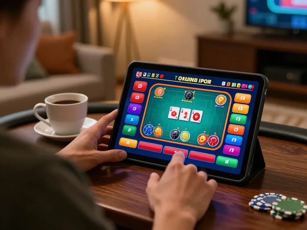 Player engaging with the surewin online casino app, enjoying a poker game at home