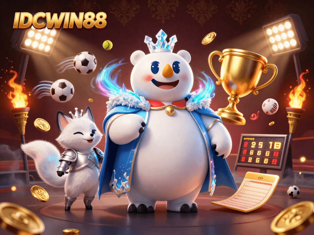 Experience thrilling action with IDCWIN88 in this vibrant sports betting scene, featuring an ice king bear and a snow fox.