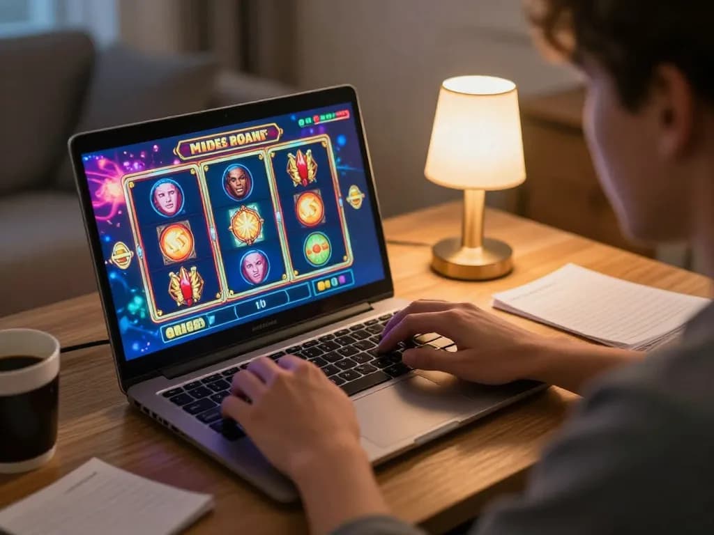 Terlibat dalam permainan slot online di rumah dengan laptop, menampilkan gameplay dinamis dan taruhan strategis.