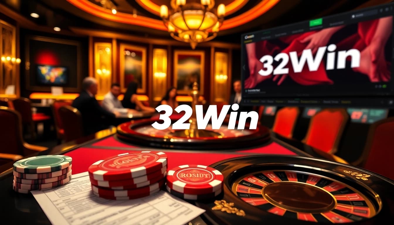 32Win poker chips on a glamorous casino table alongside a roulette wheel.