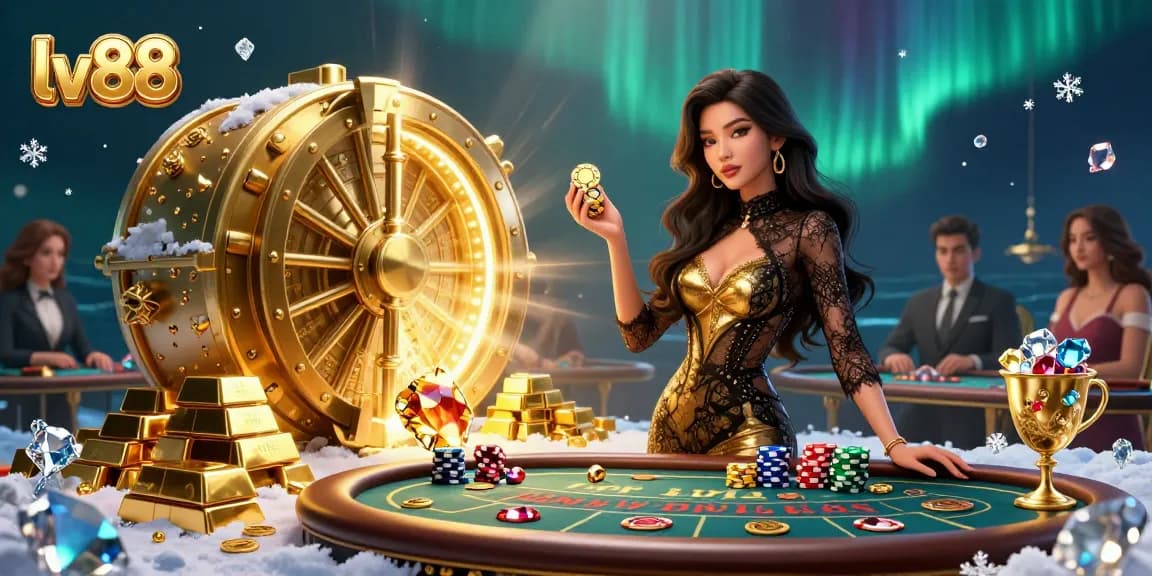 Win big at lv88 with a glamorous baccarat scene featuring golden chips and treasures.