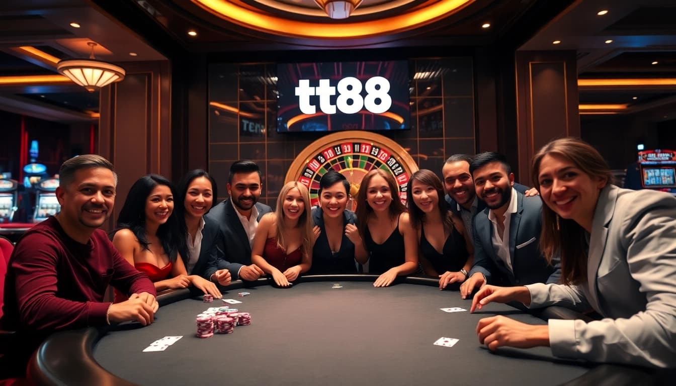Experience the excitement of tt88 at a vibrant poker table with enthusiastic players and a spinning roulette wheel.