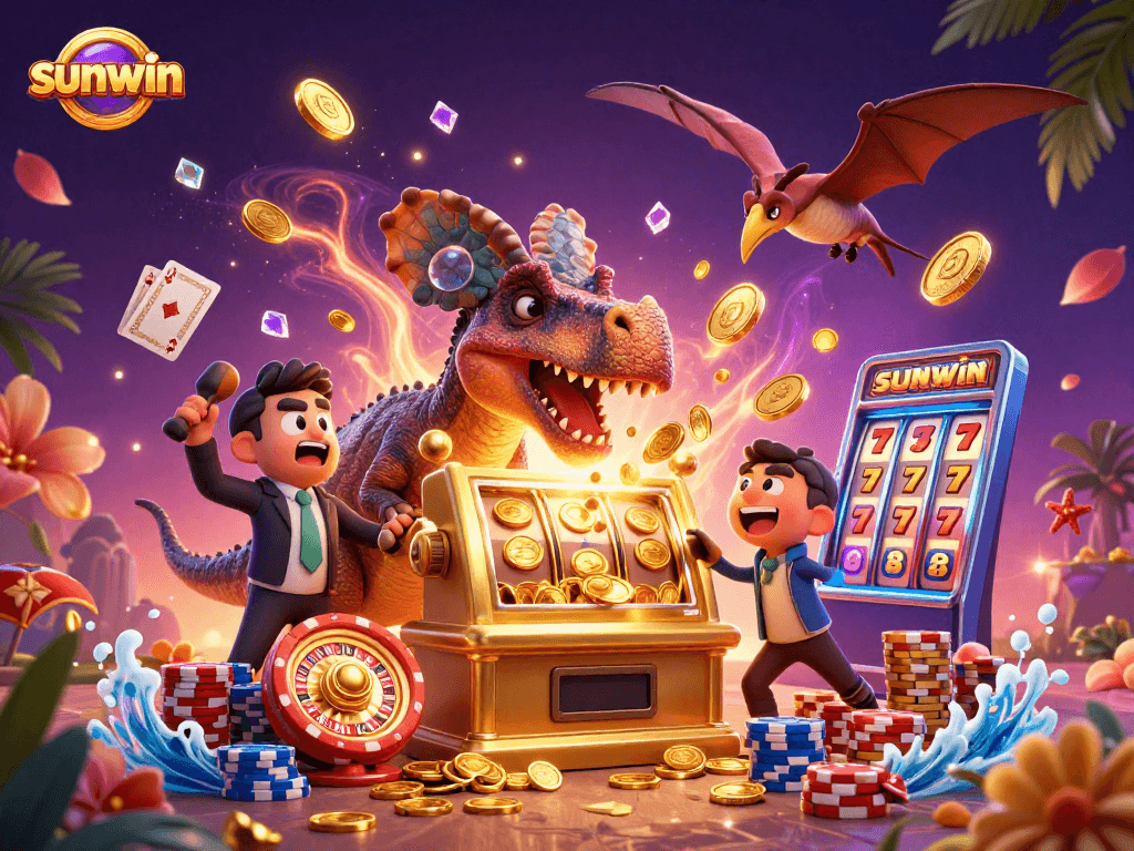 Sunwin jackpot scene with dinosaurs, golden coins, and vibrant casino elements.