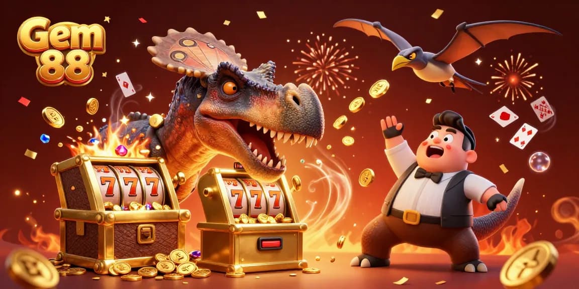 Gem 88 illustration features a pachycephalosaurus hitting a slot machine, symbolizing winning jackpots.