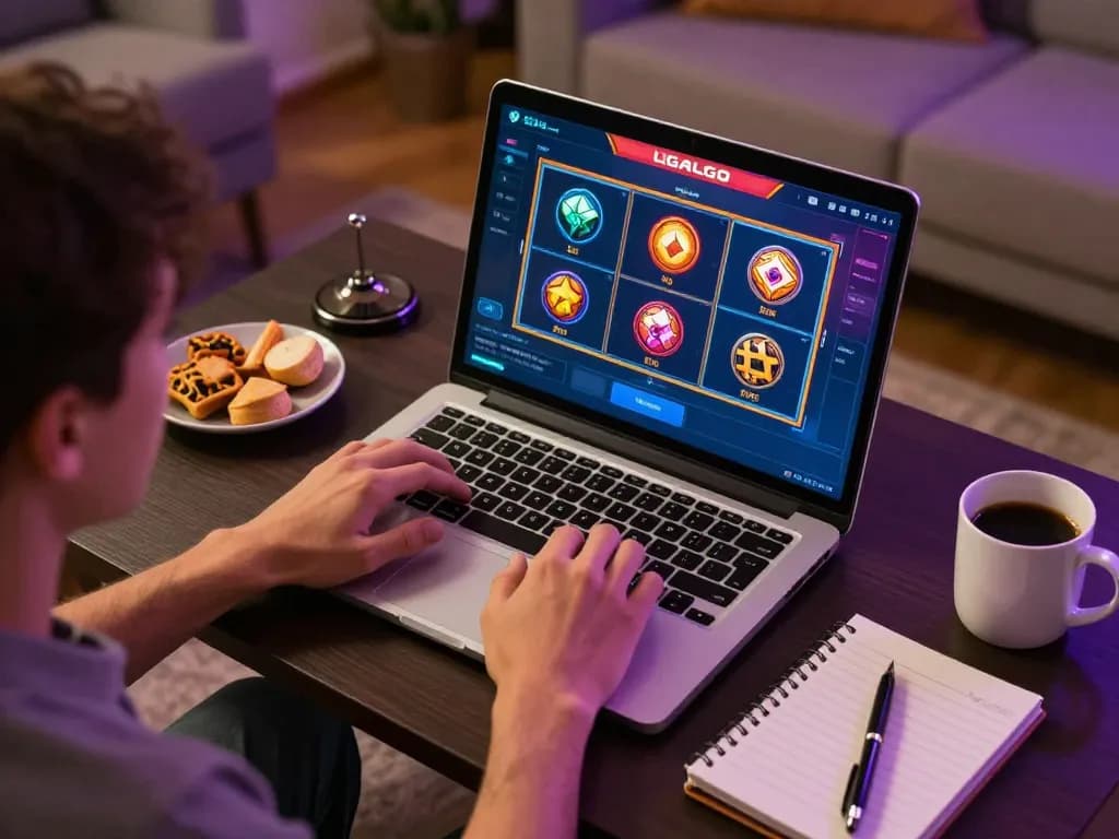 Player enjoying a thrilling gaming session on LIGALGO platform with laptop and snacks in comfortable home setting.