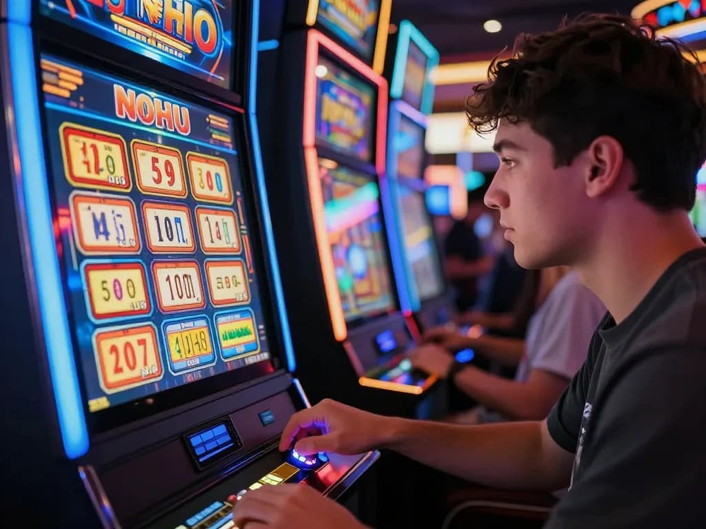 Engaging scene at NoHu-themed slot machine showcasing player about to spin reels in an exciting casino.