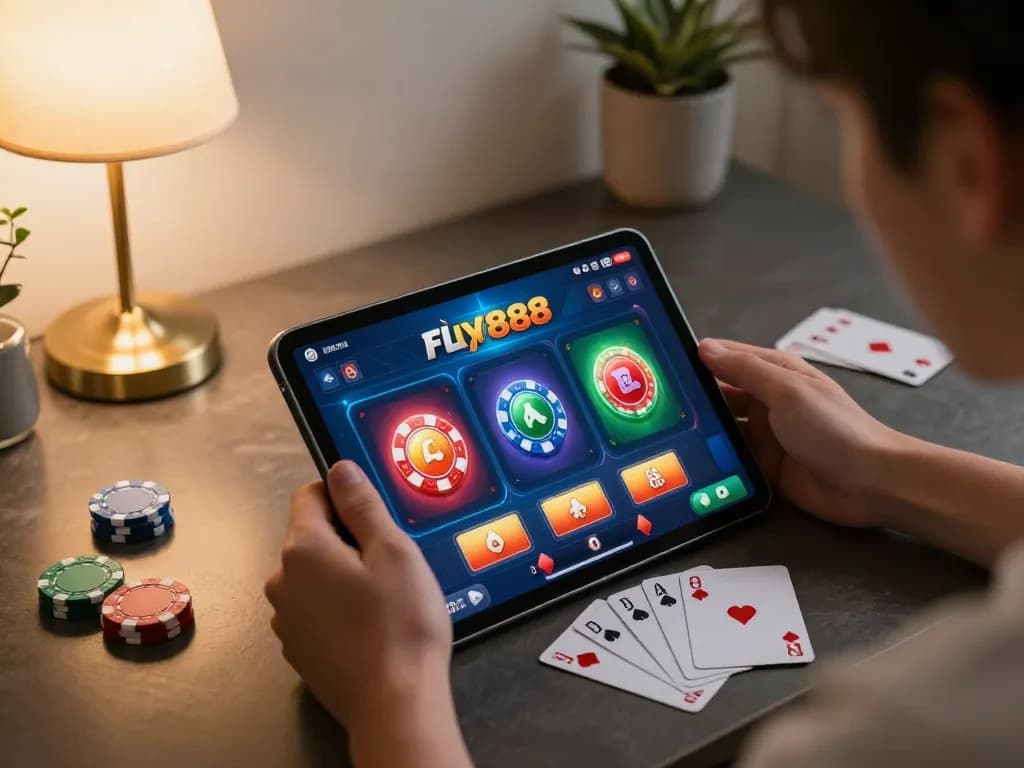 Engaging action shot of a player enjoying fly888 app on tablet in cozy home setting, highlighting the excitement of online casino gaming