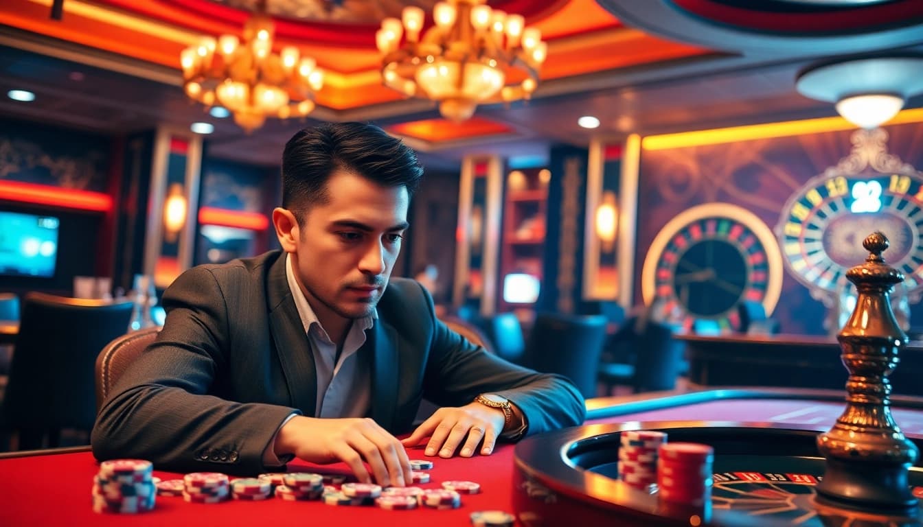 Experience the excitement of đá gà trực tiếp in a luxurious casino setting with engaged gamblers.