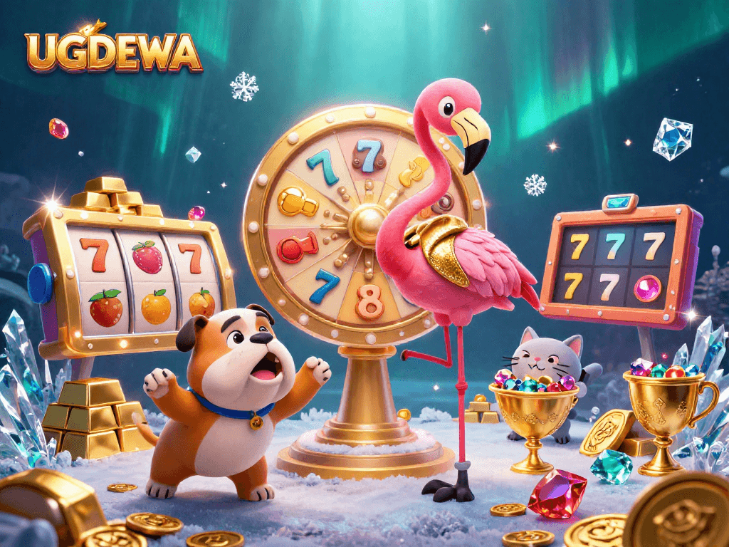 Spin the giant prize wheel with UGDEWA for exciting rewards, featuring animated casino elements and lively characters.