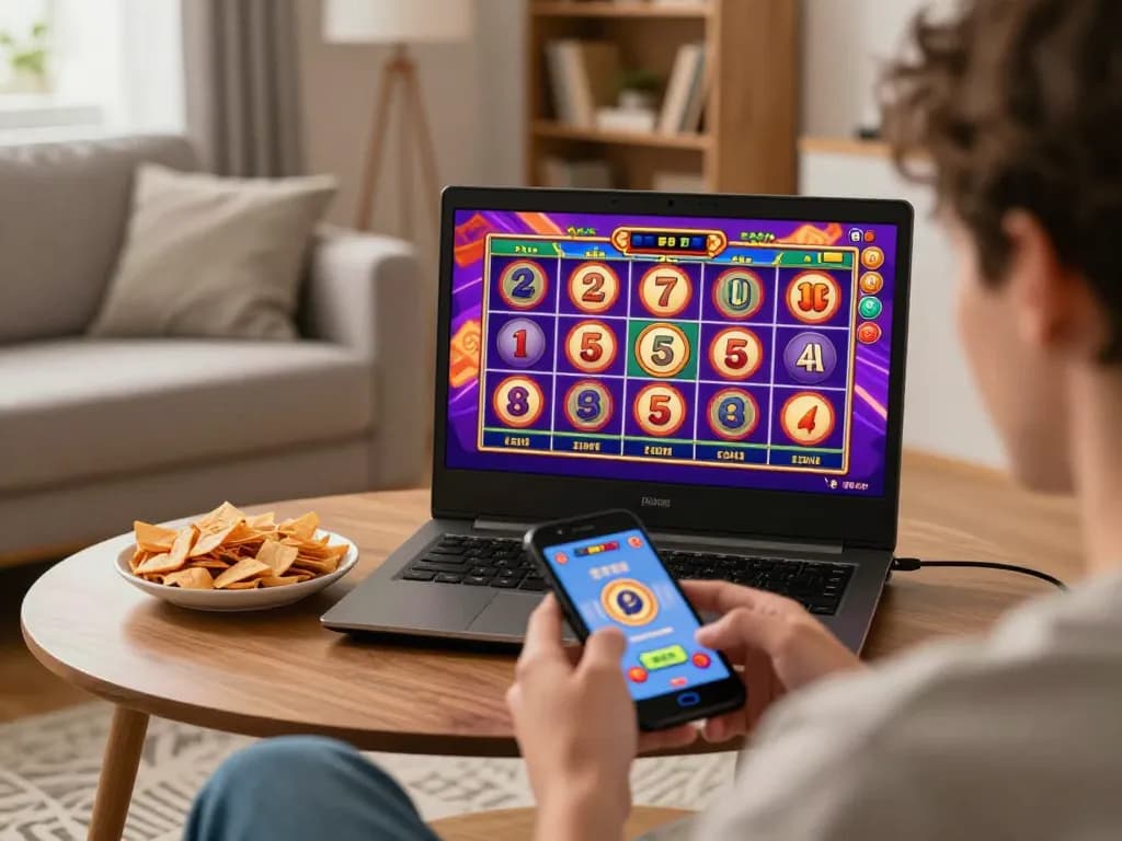 Player enjoying OKESLOT slots on their smartphone in a cozy home setting.