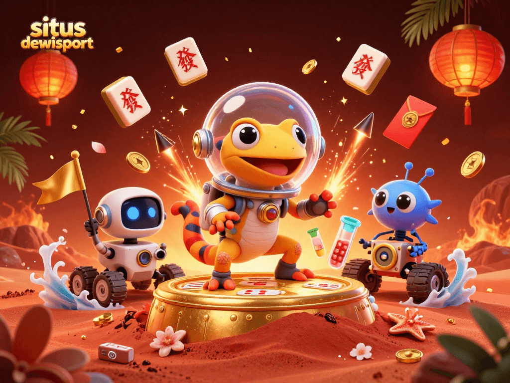 Experience situs dewisport with a Martian gecko uncovering a hidden casino amidst vibrant gaming elements.
