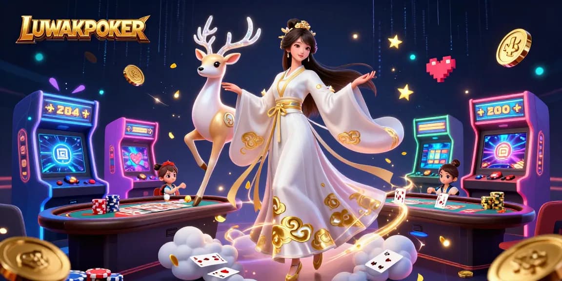 Engage with LUWAKPOKER through vibrant poker action in a lively, colorful casino scene.