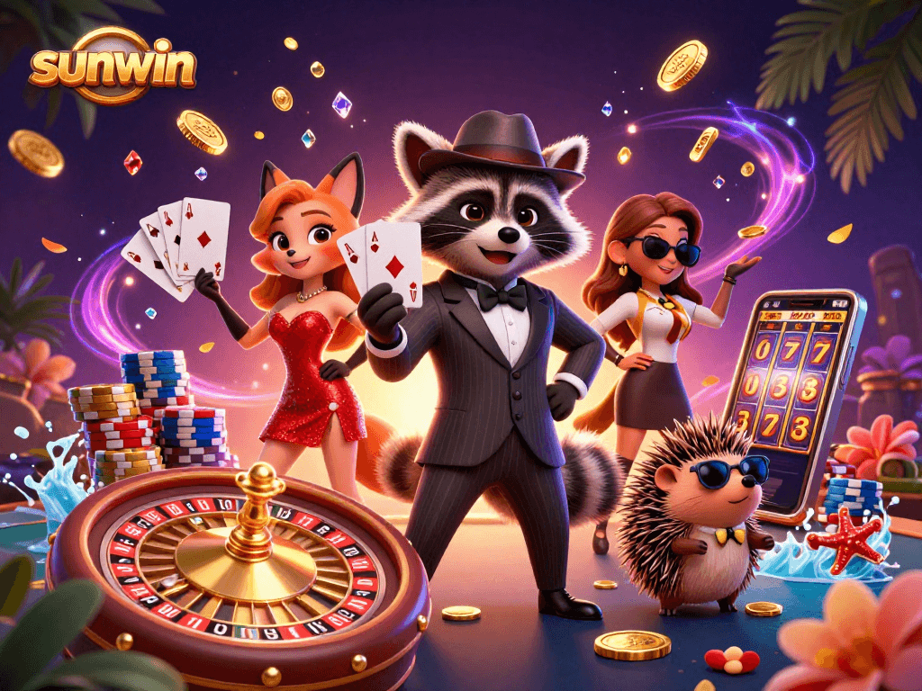 Experience thrilling games with sunwin's vibrant casino atmosphere in this rich 3D illustration.