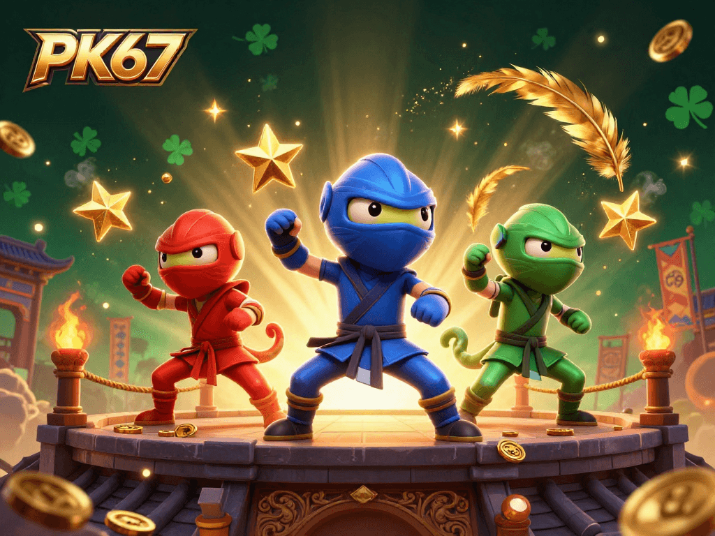 Experience thrilling gaming with PK67's vibrant ninja chameleons in a dynamic casino battle scene.