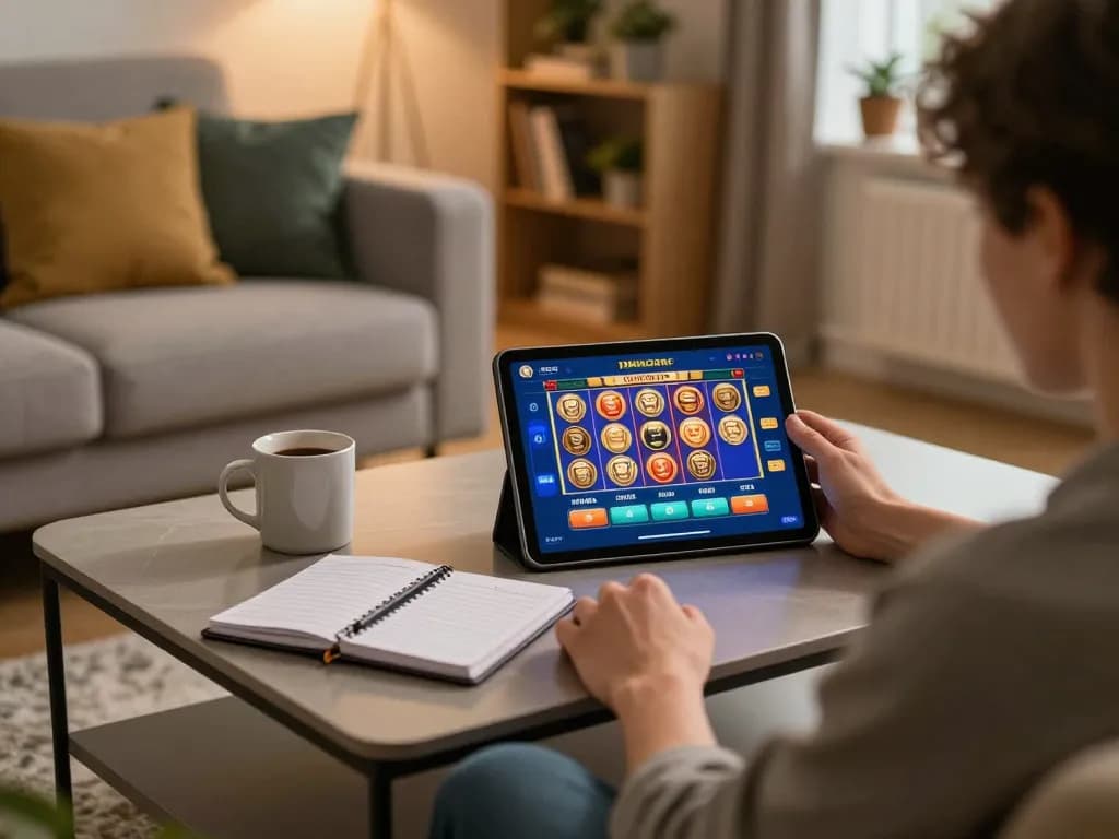 IDNSCORE player enjoying a thrilling slot demo on a tablet in a cozy home setting