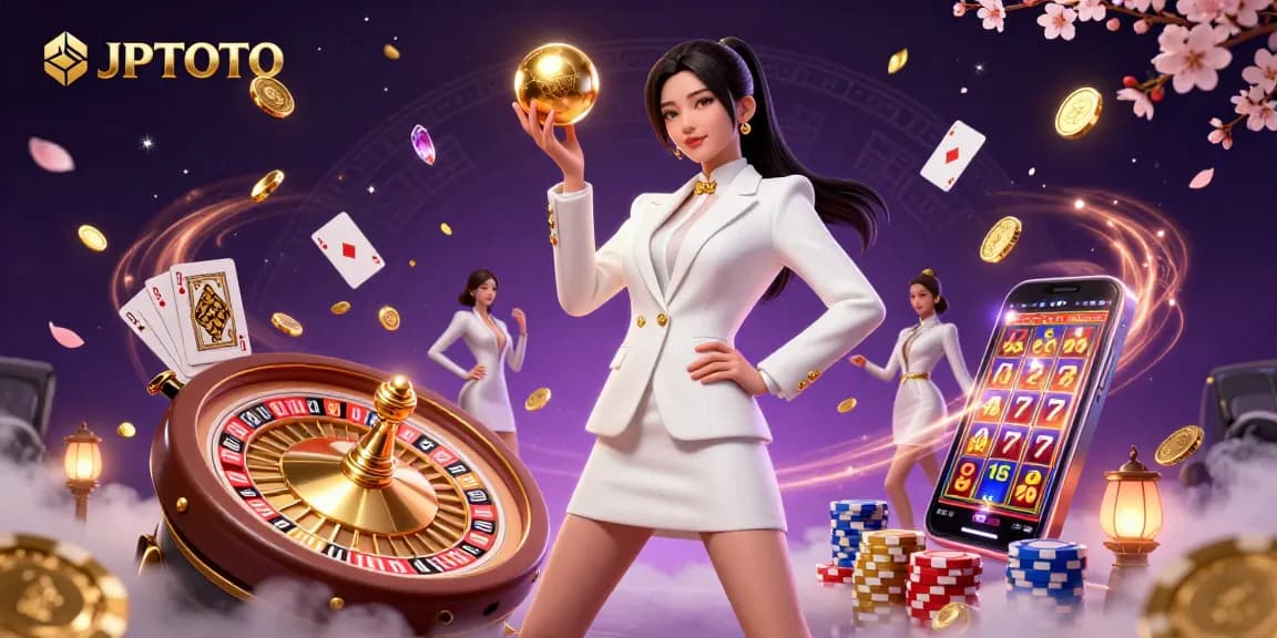 Win big with JPTOTO at this vibrant 3D casino illustration showcasing a confident woman and exciting game elements.