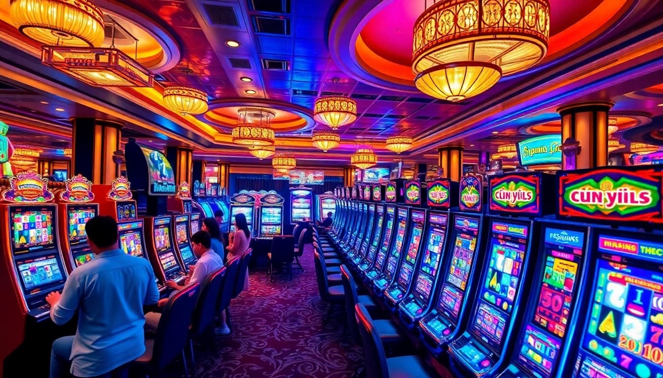 Excited players enjoying nổ hũ xn88 slot games in a vibrant casino atmosphere.