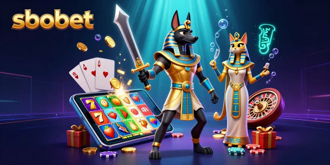 SboBet features an ancient Egyptian warrior and sacred cat amidst vibrant slot game symbols and casino elements.