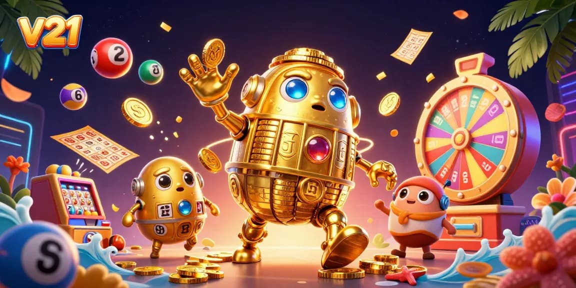 Karakter golem emas v21 dikelilingi angka undian berwarna dan mesin lotere yang dinamis.
