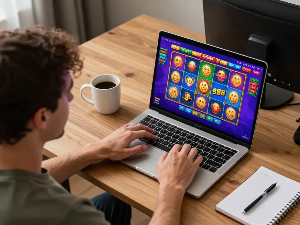 Player engaged in exciting online gaming session at SC88, interacting with vibrant slot game on laptop in cozy home office