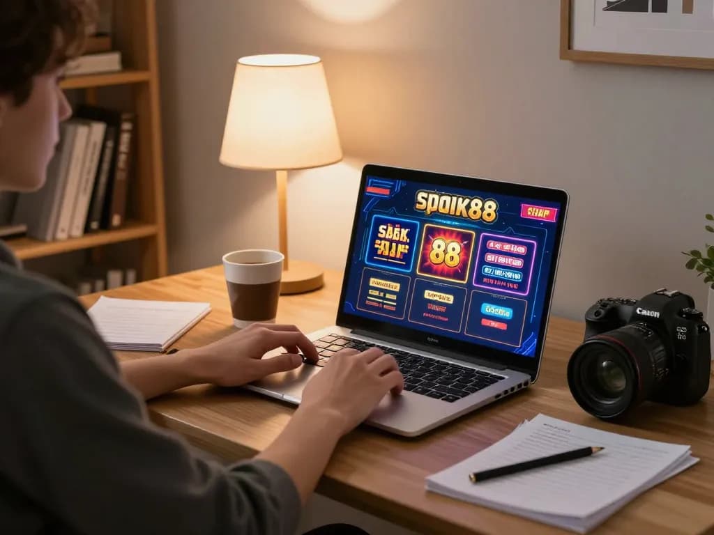 Engaging in slot88 online gaming with vibrant graphics on laptop, cozy home office setup.