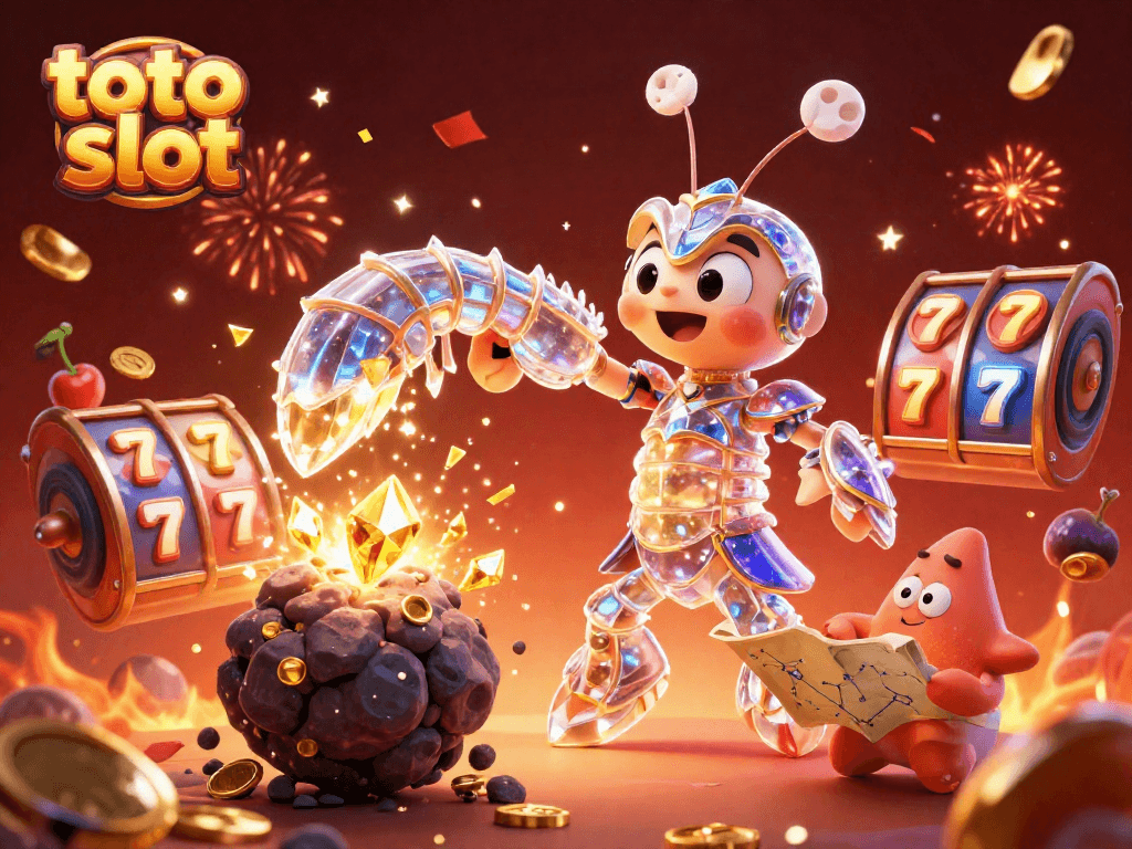 Engage in thrilling toto slot gameplay with vibrant 3D samurai shrimp and slot elements bursting with gems.