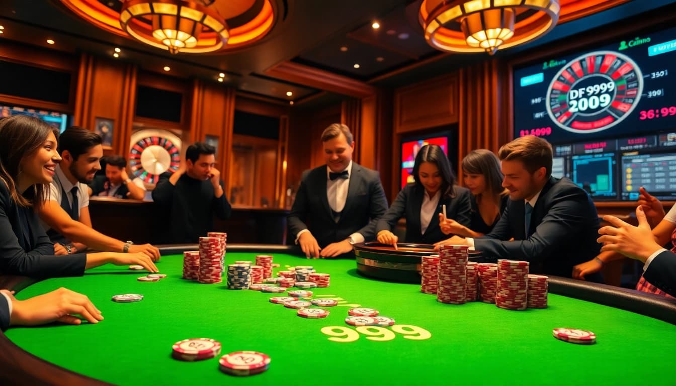 Players enjoying a thrilling poker game at the DF 999 casino table, surrounded by colorful chips.