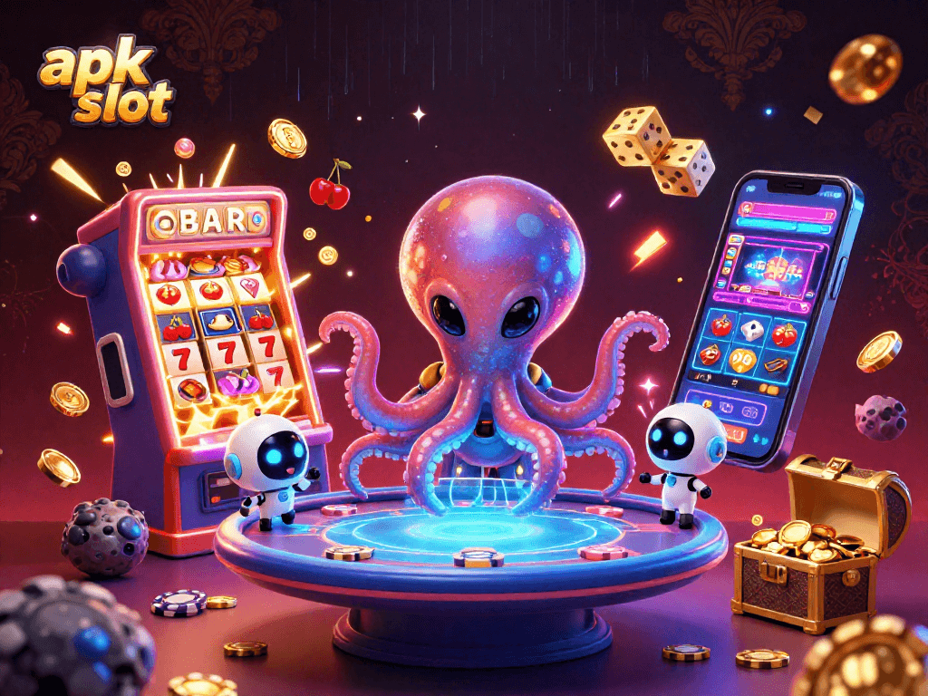Permainan apk slot yang seru dengan karakter gurita alien mengoperasikan meja poker holografis.