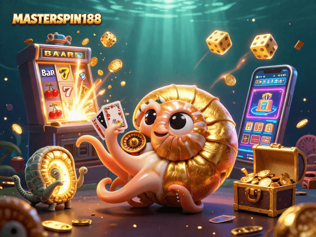 Engage with MASTERSPIN188's exciting casino adventure featuring a giant nautilus and vibrant game elements.