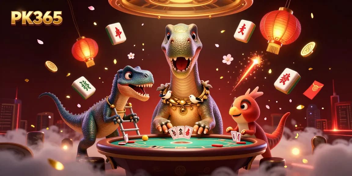 PK365 players win at a vibrant casino scene with a towering brontosaurus and raptor dealer, filled with gaming elements.