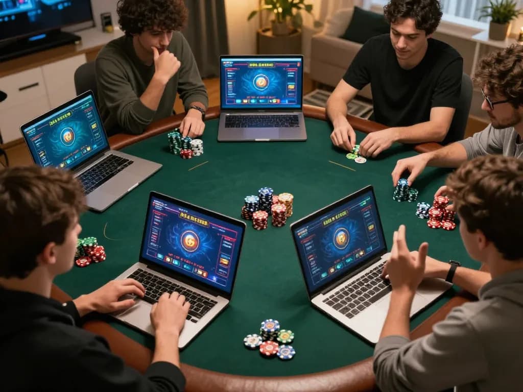 Players enjoying an online poker session on Go8, celebrating wins with chips on their screens.