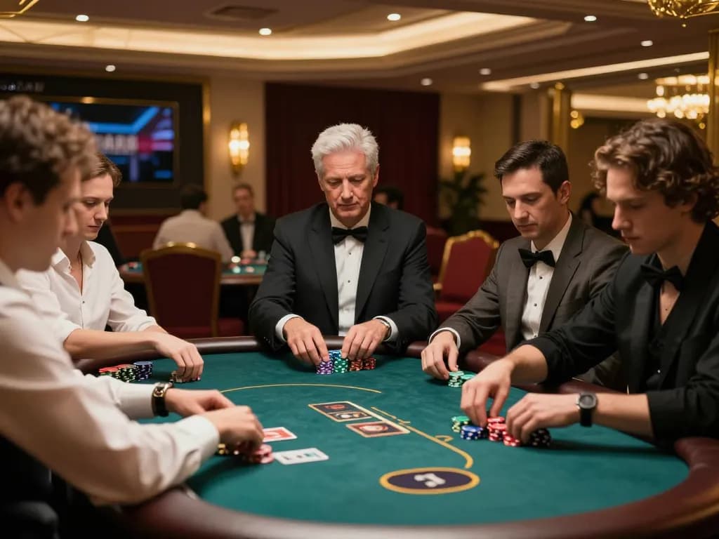 Hitclub VIP gaming area with players analyzing cards and chips in a luxurious casino.